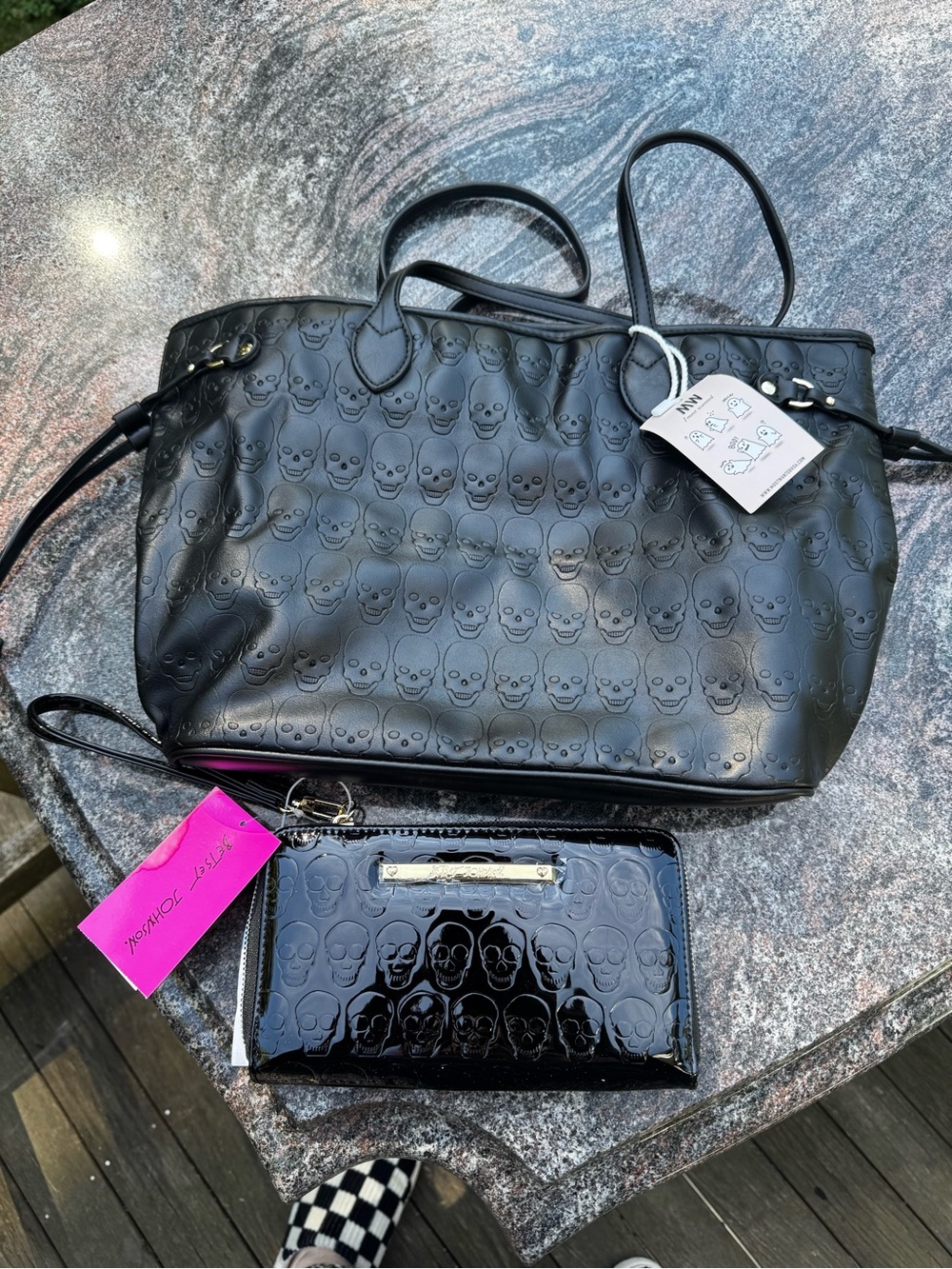 Black Skull-Embossed Tote Bag with Matching Wallet